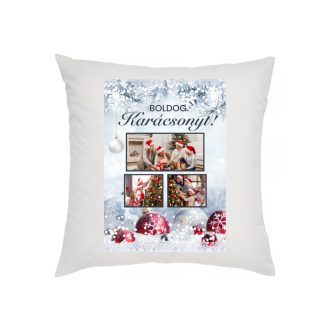   Karácsonyi fényképes párnahuzat 3 képpel, havas díszek háttérrel