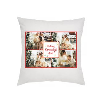   Karácsonyi fényképes párnahuzat-4 képpel, közepén négyzetben felirat